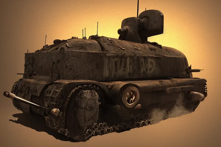 Image similar to hellfire thomas the ww 2 tank, mad max, in the style of hannes bok and doug chiang and vernon grant, trending on artstation, back lighting rear view steampunk, blueprint, muted colors, gothic, tachisme