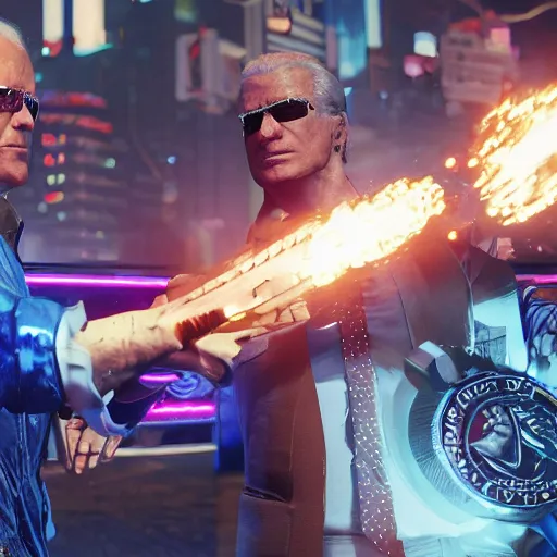 Image similar to a screenshot of joe biden and donald trump fighting in cyberpunk 2 0 7 7, 4 k, highly detailed