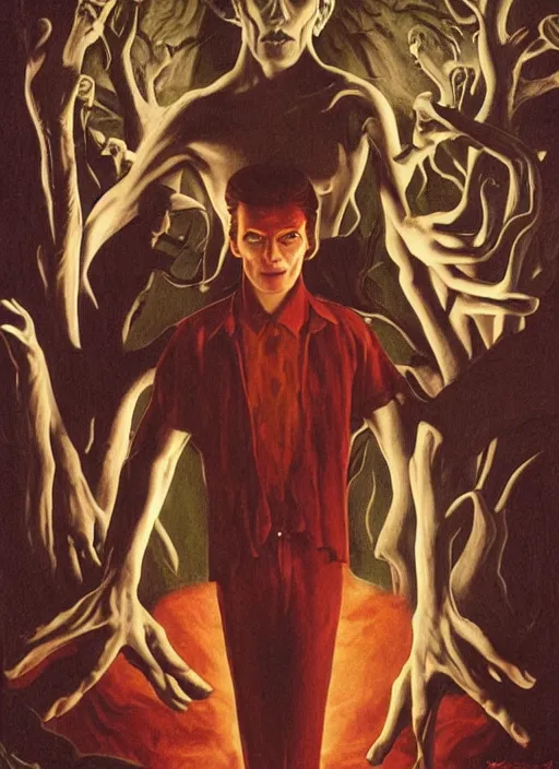 Image similar to twin peaks poster art, david bowie is infected with the spirit of the wendigo demon, old retro pulp, by michael whelan, rossetti bouguereau, artgerm, retro, nostalgic, old fashioned