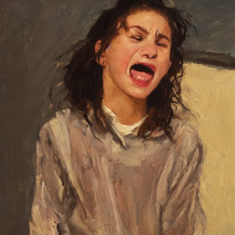 Image similar to warmly lit close up studio portrait of young angry! teenage Elaine Benes angrily singing, impasto oil painting thick brushstrokes by Cy Twombly and Anselm Kiefer , trending on artstation dramatic lighting Expressionism