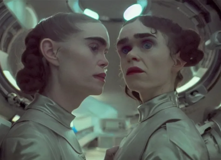 Image similar to first official image from paul thomas anderson's new space opera film starring grimes in a 1 9 7 0's moonbase. shot on alexa mini, stunning cinematography, filmgrain, kodak vision 2 0 0 t, shot composition