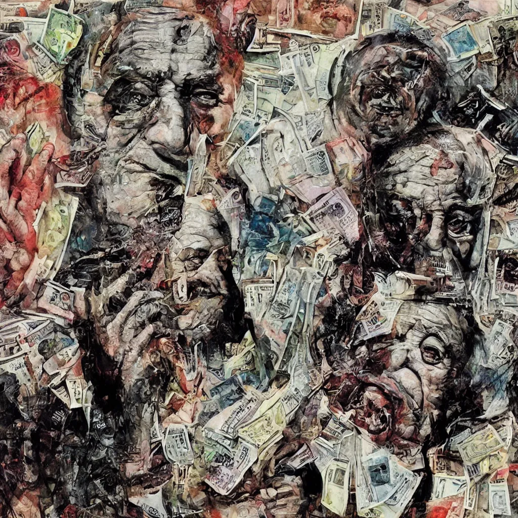 Prompt: George Soros, dollar bills Body horror, biopunk, by Ralph Steadman, Francis Bacon, Hunter S Thompson