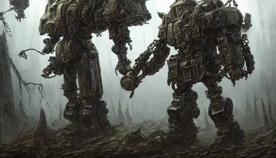 Image similar to military mech covered in armor with elden ring aesthetic, ancient metal, artifact machine, glowing lights, piloted by mysterious creatures, beautiful forests and trees, gothic castles and towers, small people with torches, intricate detail, dystopian, epic wallpaper, art by darek zabrocki and John Park and Feng Zhu and Jason Chan, trending on artstation, masterpiece.