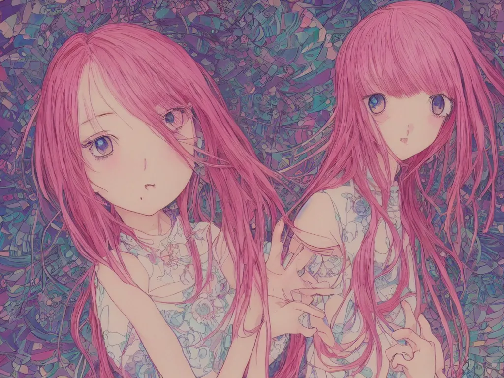 Image similar to colorful blueprint kawaii pink hair anime girl, illustration, intricate, elegant, digital painting, highly detailed, artstation, colorful, beautiful, studio ghibli, hayao miyazaki, takashi murakami, alfons mucha, manga, cute and adorable