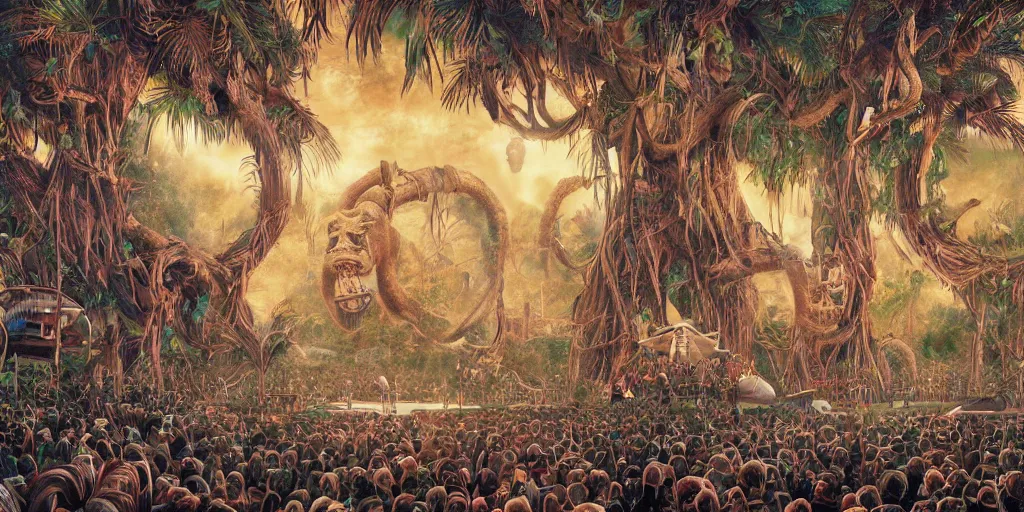 Image similar to hyper realistic coachella stage in the style of a mastodon album cover, highly detailed, intricate, digital painting, artstation, 3 5 mm film grain