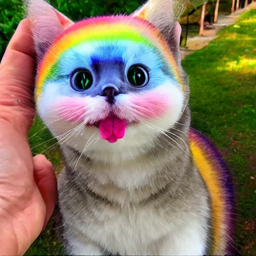 Image similar to vacation photos postcard from gizmo the rotund rainbow kitty with rainbow fur, a pink nose, multicolored eyes heterochromia cute wild adventures and travel to glorious locations