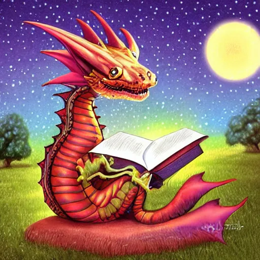 Image similar to cute dragon reading a book under the stars, detailed, digital art