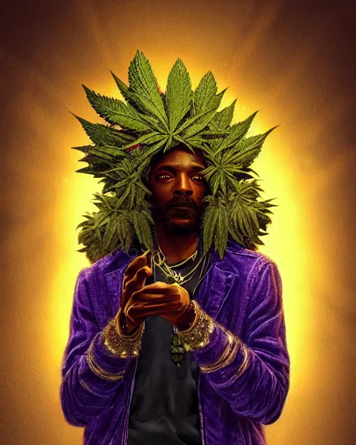 Image similar to snopp dogg holding pounds of weed turkey bags, accurate details, detailed face, purple liquid in cup glowing, fantasy, dramatic, intricate, elegant, highly detailed, digital painting, artstation, concept art, smooth, sharp focus, illustration, art by Gustave Dore, octane render