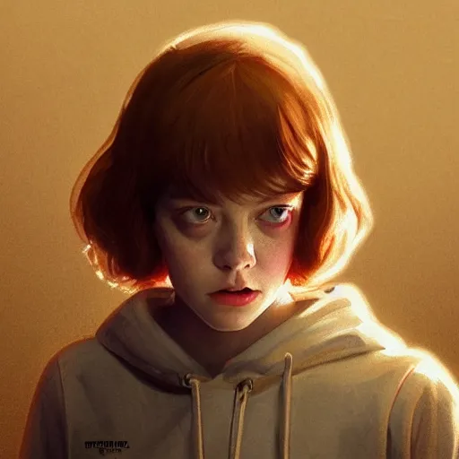 Prompt: young emma stone as eleven from stranger things,, intricate, highly detailed, digital painting, artstation, oppressive lighting, fashion concept art, sharp focus, illustration, art by greg rutkowski and alphonse mucha