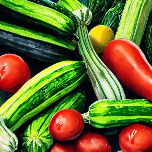 Image similar to mark zuckerberg as a zucchini, vegetable market stand in the background, digital painting by arcimboldo