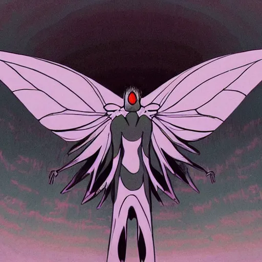 Image similar to photo of mothman with giant wings, cel animation by Junji Ito and Satoshi Kon, professionally post-processed , beautiful, scary, symmetry accurate features, epic, octane rendered, anime masterpiece, accurate