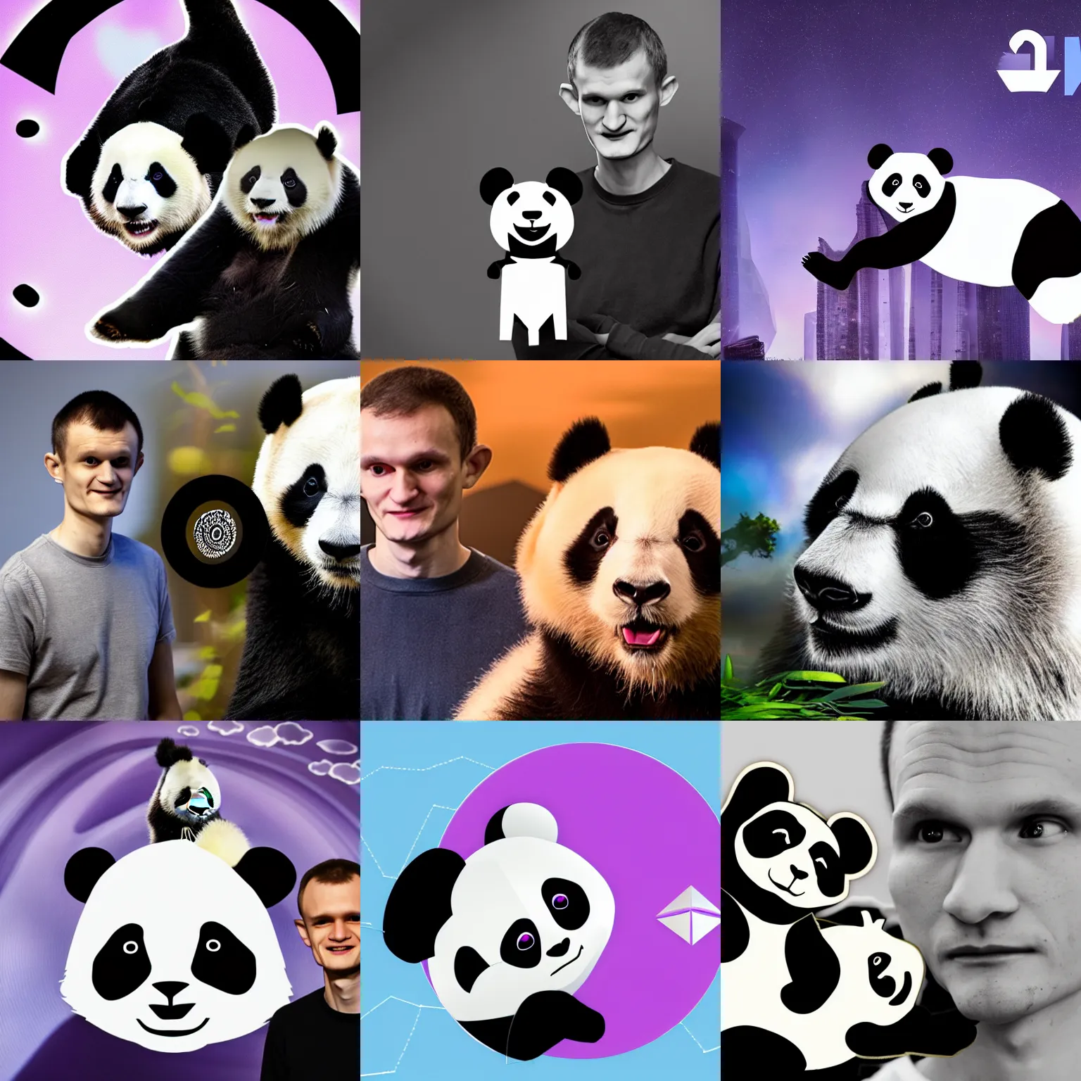 Prompt: Vitalik Buterin and a panda and the Ethereum logo hovering in the air, highly detailed, dramatic lighting, cinematic