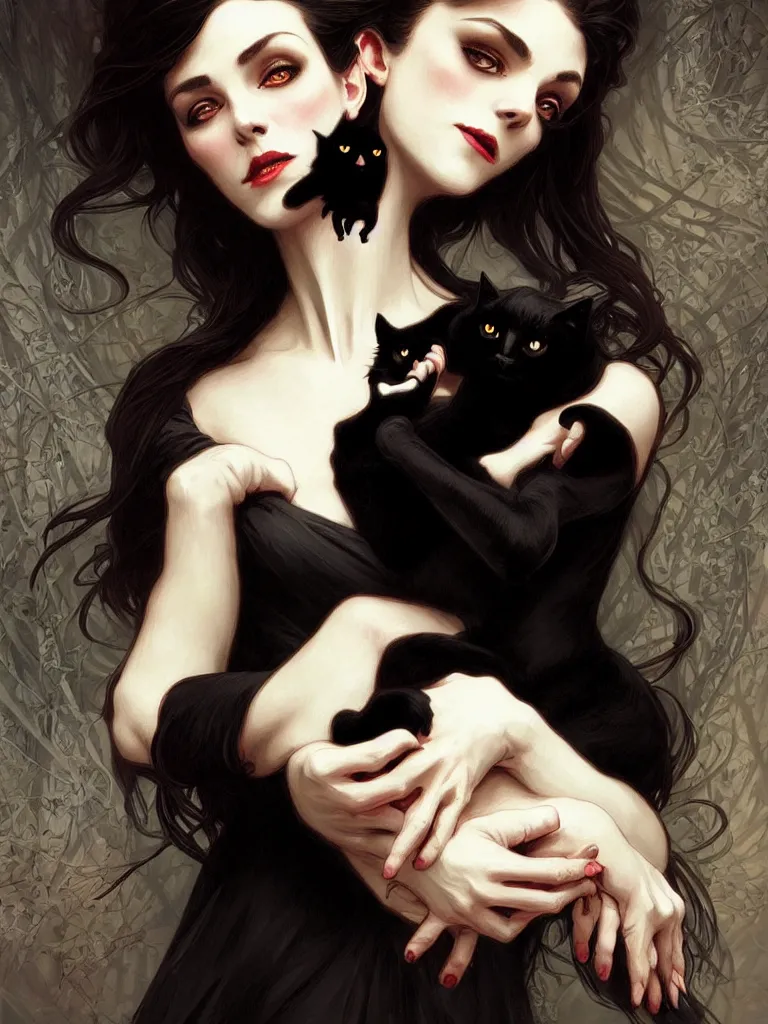 Image similar to an elegant single victorian vampire holding lovingly a black cat on her arms, portrait, intricate, elegant, highly detailed, digital painting, artstation, concept art, rough, sharp focus, illustration, art by artgerm and greg rutkowski and alphonse mucha and cris ortega and serge birault