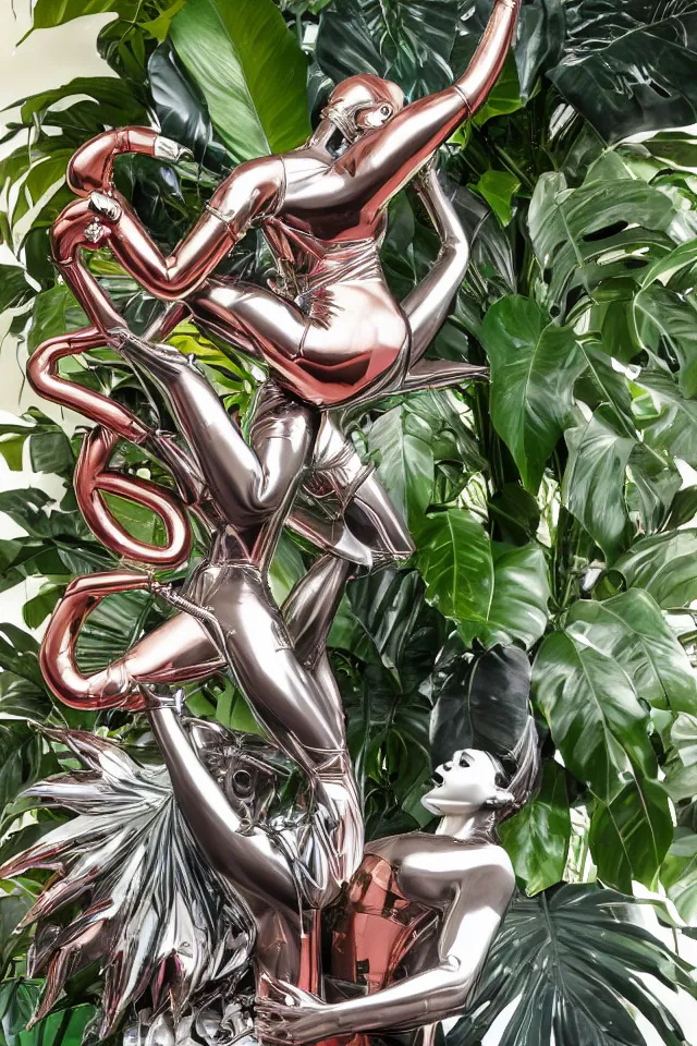 Image similar to close - up of a cyborg chrome nymph statue wrestling with a giant flamingo, surrounded by tropical monstera medinilla magnifica flower plants and thick pigmented smoke, by jeff koons, hajime soryama, boris vallejo, artgerm, greg rutkowski, alphonse mucha, kim keever