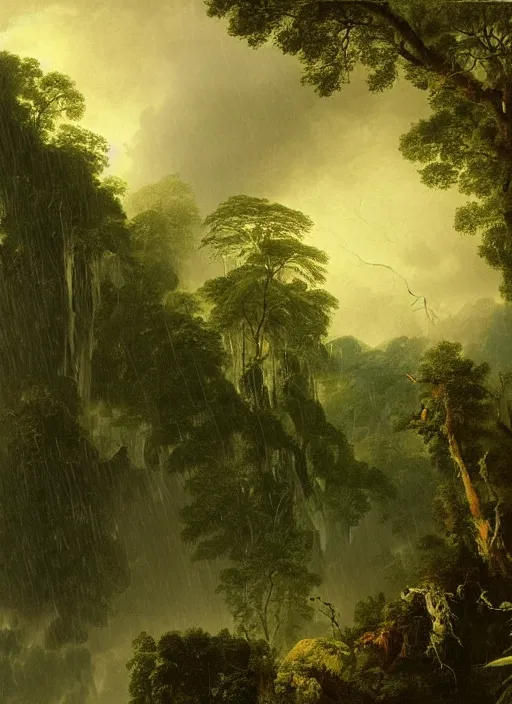 Image similar to a rain forest with extremely thin tall trees, dense, very epic atmosphere, tropical downpour of rain an lightning by asher brown durand, by yoshitaka amano