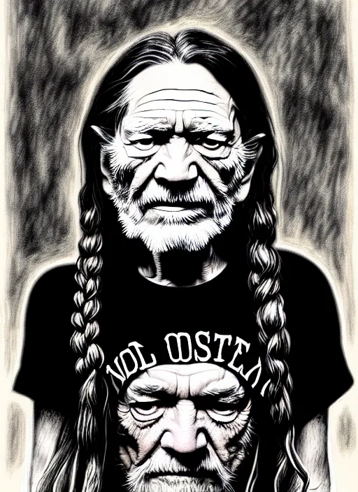 Prompt: an extremely detailed masterpiece grunge drawing of willie nelson, in the style of richard avedon and abigail larson, after life, loony toons style, horror themed, detailed, elegant, intricate, trending on artstation, 4 k