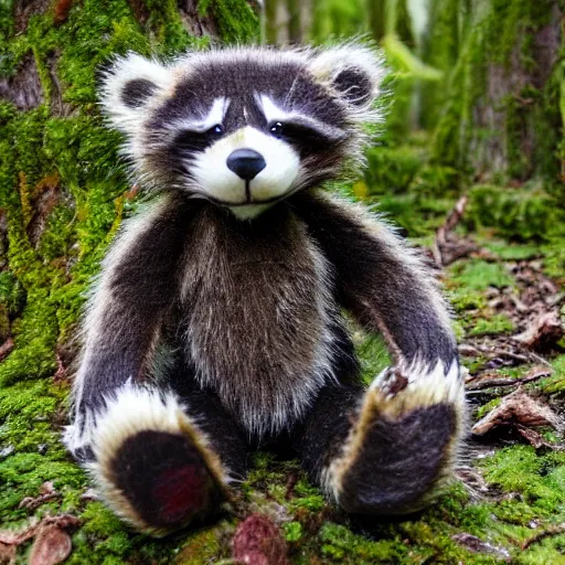 Prompt: raccoon teddy bear in a mossy forest