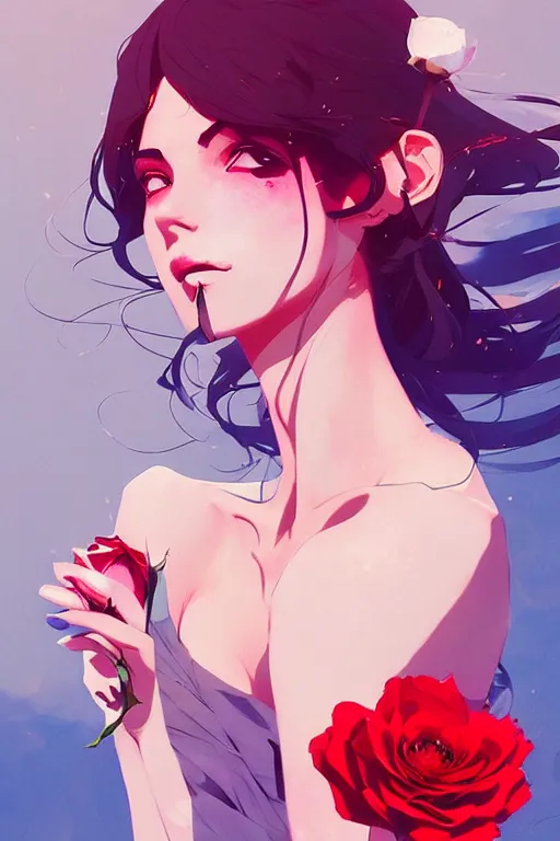 Prompt: a ultradetailed beautiful panting of a stylish woman holding a rose, by conrad roset, greg rutkowski and makoto shinkai, trending on artstation