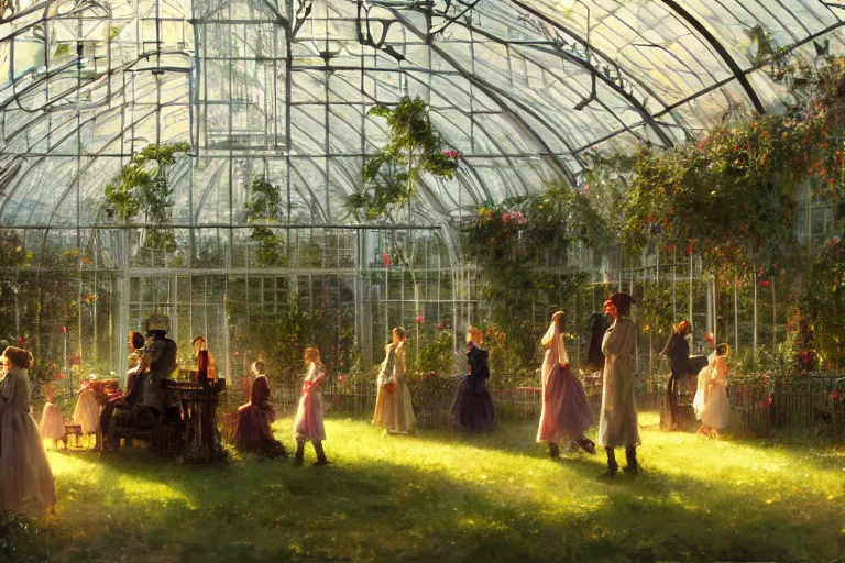 Prompt: an ornate victorian greenhouse, party in front, scene in an open field. 1 8 9 0, key visual, conceptart, ambient lighting, highly detailed, digital painting, artstation, concept art, sharp focus, by makoto shinkai and akihiko yoshida and greg manchess