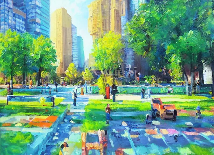 Image similar to bright beautiful oil painting of a futuristic city park by Tatyana Yablonskaya