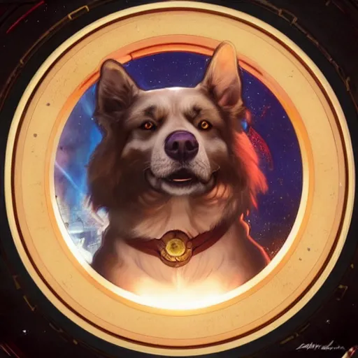 Prompt: realistic heroic picture of Laika the space dog, in a circle frame, art by Artgerm and Greg Rutkowski and Alphonse Mucha