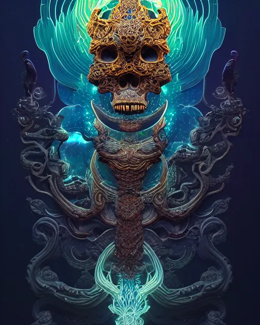 Image similar to 3 d ornate carved dark cosmic spirit with profile portrait, sigma 5 0 0 mm f / 5. beautiful intricate highly detailed quetzalcoatl skull. bioluminescent, plasma, lava, ice, water, wind, creature, thunderstorm! artwork by tooth wu and wlop and beeple and greg rutkowski, 8 k trending on artstation