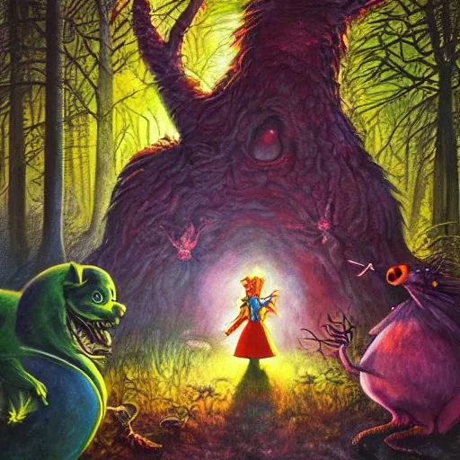 Image similar to a scene of colorful cartoon monsters in the clearing of a dark fantasy forest surrounded by darkness. hyperrealist illustration. muted colors. 1 9 7 0's pulp science fiction and fantasy cartoon for alice in wonderland and wizard of oz. highly detailed and richly colored painting by don ivan punchatz. trending on artstation