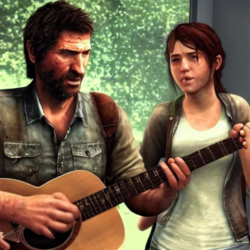 Image similar to Ellie and Joel from the last of us playing the guitar, both of them are happy