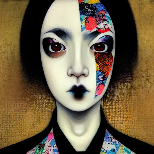 Prompt: yoshitaka amano blurred and dreamy realistic portrait of a young woman with black lipstick and black eyes wearing dress suit with tie, junji ito abstract patterns in the background, face in three quarter view, satoshi kon anime, noisy film grain effect, highly detailed, renaissance oil painting, weird portrait angle, blurred lost edges