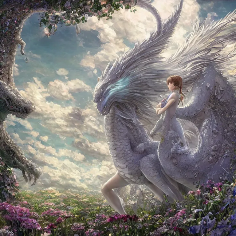 Image similar to the beautiful hyper detailed scene render that a lonely beautiful girl lies in the arms of a huge silver white dragon alone in fairyland surrounded by white clouds, finely detailed angelic face delicate features, style of studio ghibli, makoto shinkai, raphael lacoste, louis comfort tiffany, artgerm, james jean, ross tran, animation style, hd, ultra wide angle