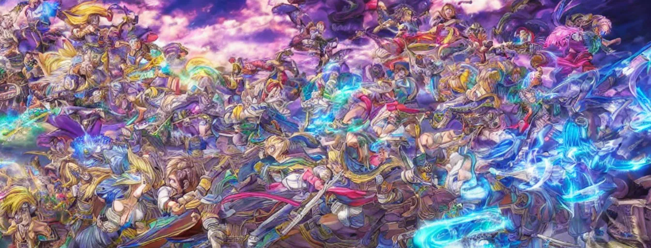Prompt: a zoomed out panoramic view of rainbow soul ice spirits fighting on the battlefield. hyperrealistic anime background illustration by kim jung gi, colorful, extremely detailed intricate linework, smooth, super sharp focus, bright colors, high contrast, matte, octopath traveler, unreal engine 5 highly rendered, global illumination, radiant light
