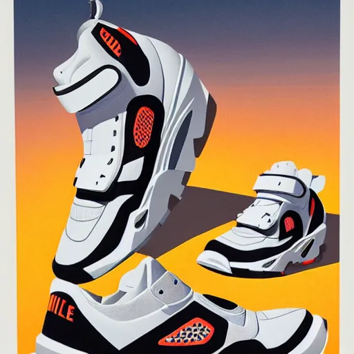 Image similar to retro futuristic Nike air trainer sneakers with straps by syd mead, grainy matte painting, geometric shapes