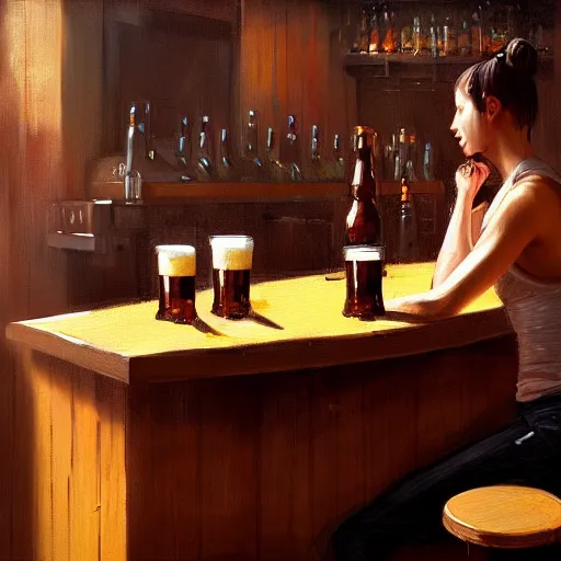 Prompt: A pint of beer sitting on a bar, by greg rutkowski