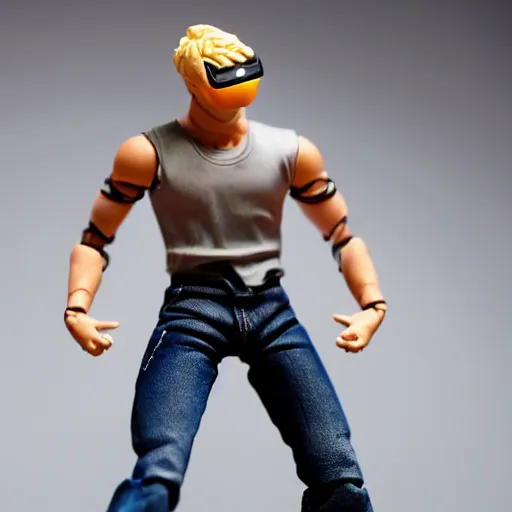 Image similar to action figure of a skinny blonde male wrestler wearing a black vr headset and wearing a t - shirt and jeans, high detail, realistic,