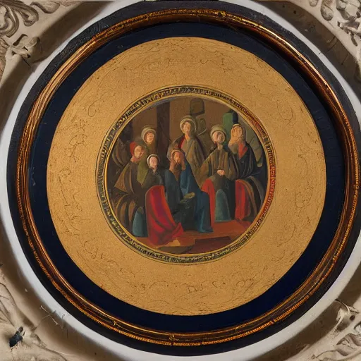 Prompt: a circular table with multiple kings sitting around it, oil painting, medieval