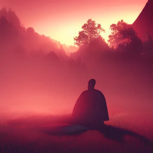 Prompt: a samurai rests after a long battle, digital art, volumetric lighting