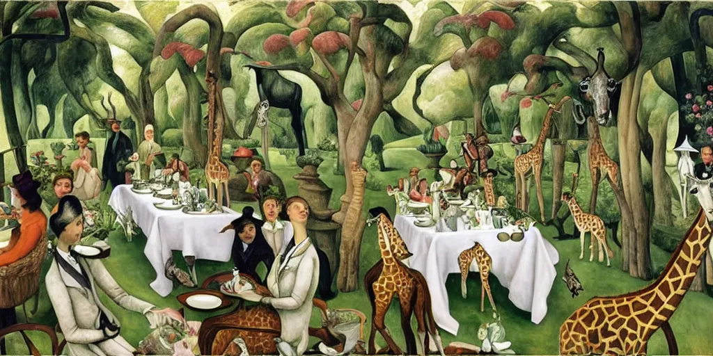 Image similar to elegant victorian tea party with giraffes in an english summer garden patio, diego rivera - h 7 6 8