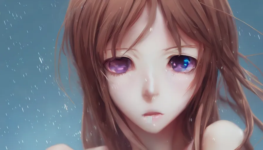 Prompt: cute anime girl by wlop, detailed eyes, heterochromia, bright eyes, full body shot, happy expression, short minidress, light clothing, light rain, hyper real, detailed digital art, from evangelion, photorealistic