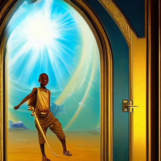 Prompt: an 8 k resolution matte painting of an african boy entering a magical, golden, very ornate door that leads to futuristic heaven, by michael whelan with cinematic, volumetric lighting