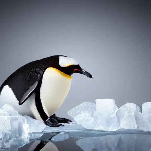 Prompt: render of penguin sitting on small piece of ice