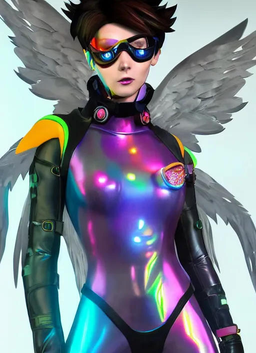 Image similar to portrait bust digital artwork of tracer overwatch, wearing iridescent rainbow latex and leather straps catsuit outfit, neon makeup, in style of mark arian, angel wings, wearing detailed leather collar, chains, black leather harness, detailed face and eyes,