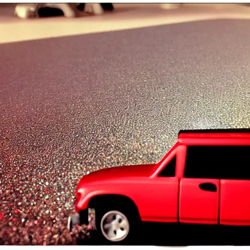 Prompt: 3 5 mm photo of metallic red suburban car like hot wheels model in area 5 1 as background, epic cinematic