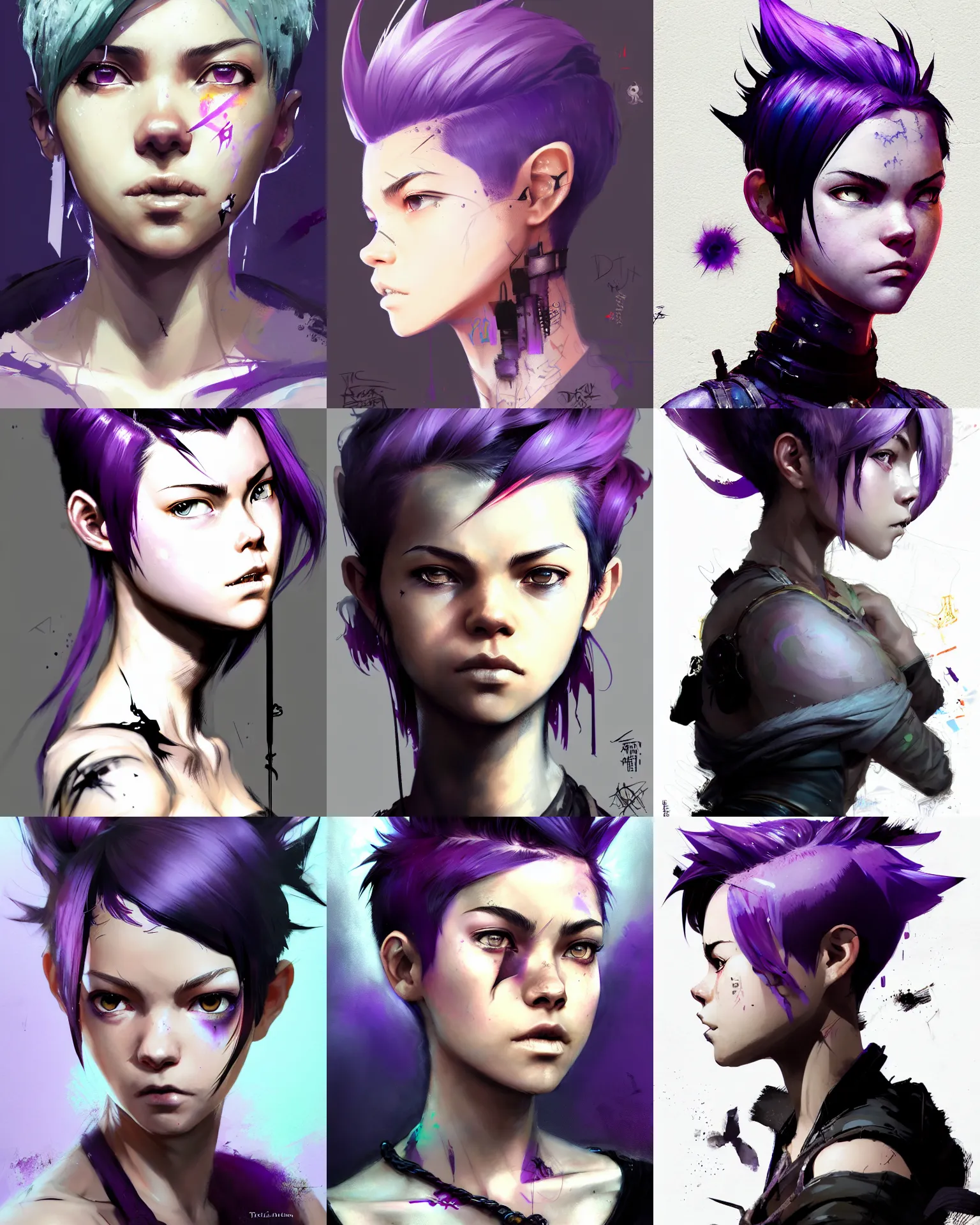 Prompt: Portrait of rugged young adult female, fantasy, pixie undercut hairstyle, black to purple fade hairstyle, intricate, highly detailed, digital painting, artstation, concept art, sharp focus, by Dustin Nguyen, Akihiko Yoshida, Greg Tocchini, Greg Rutkowski, Cliff Chiang, 4k resolution, nier inspired, graffiti inspired, tessa thompson inspired, vibrant but dreary