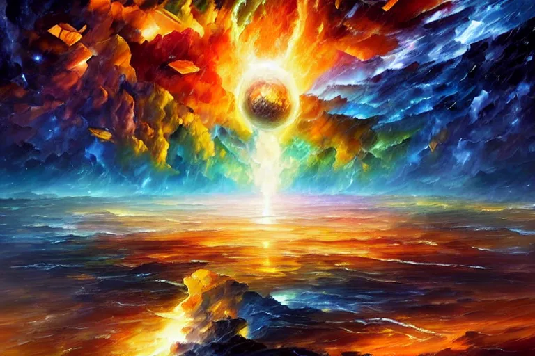 Prompt: a god giving birth to a new universe and then dissolving itself into it, in the style of wlop!! and leonid afremov, illustration, epic, fantasy, hyper detailed, smooth, unreal engine, sharp focus, ray tracing