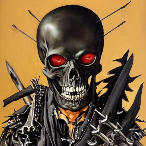 Image similar to a portrait of the grim reaper as a punk rocker, punk, skeleton face, mohawk, dark, fantasy, leather jackets, spiked collars, spiked wristbands, piercings, boots, guitars, motorcycles, ultrafine detailed painting by frank frazetta and vito acconci, detailed painting