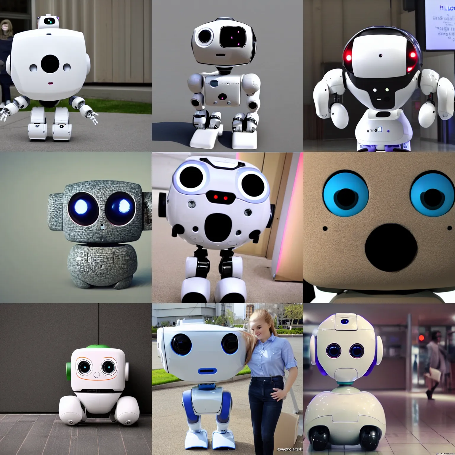 Prompt: sd: cute friendly huggable robot looks into the camera with huge adorable eyes>This robot keeps following me