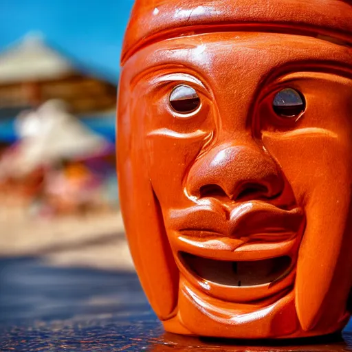 Image similar to a closeup photorealistic photograph of a glossy orange cat garfield style tiki mug sitting at a trader vic's beach bar featuring garfield's face. tiki theme. bright scene. fine detail. this 4 k hd image is trending on artstation, featured on behance, well - rendered, extra crisp, features intricate detail, epic composition and the style of unreal engine.