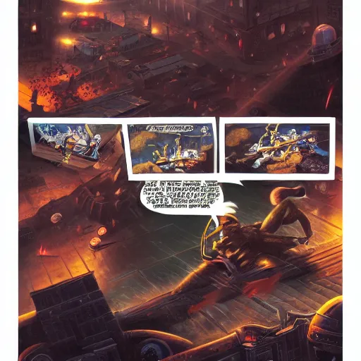Prompt: combat ninja cyborgs combat in cybercity, golden hour, art by petros afshar and carl barks and hieronymus bosch and santiago caruso, highly detailed