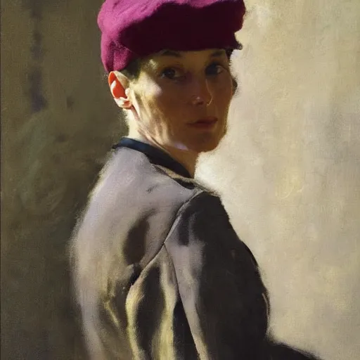 Prompt: A stunning masterful portrait of a striking French woman with short pink hair and wearing a black French beret high cheek bones by Andrew Wyeth, John Singer Sargent, and Norman Rockwell, natural light, oil painting, ethereal, earth tones, strong brushwork