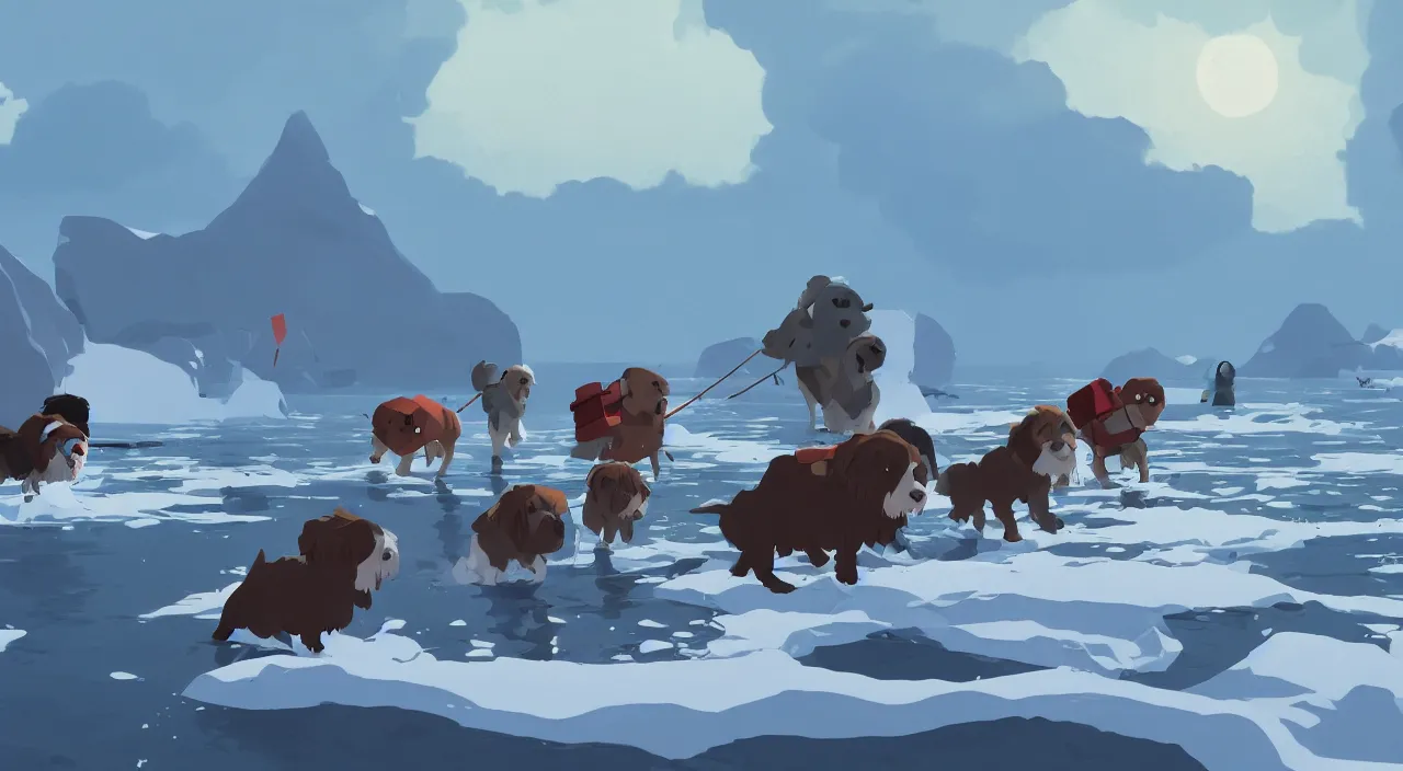 Prompt: havanese dogs pulling arctic explorers from the water, 1 9 0 0, tartakovsky, atey ghailan, goro fujita, studio ghibli, rim light, scary, afternoon lighting, clear focus, very coherent